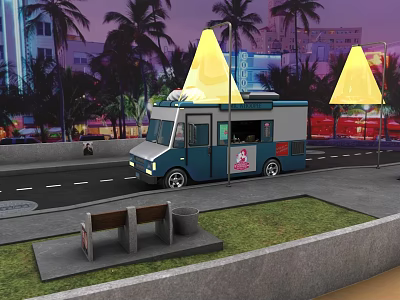 Evening Street Food Truck With Palm Trees And Neon Lights Near Bench And Trash Can 3d model