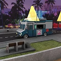 Evening Street Food Truck With Palm Trees And Neon Lights Near Bench And Trash Can