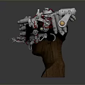 Futuristic Mechanical Head Weapon with Multiple Metallic Barrels Red Wiring and Brown Base