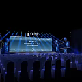 Futuristic Stage Setup With Large Screen Blue Lighting And Audience Seats 3d model