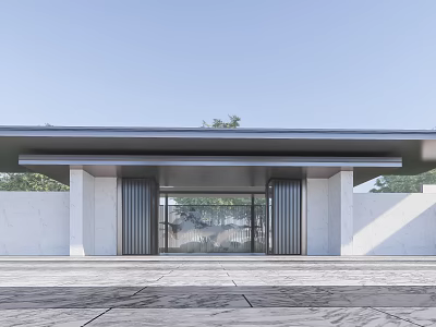 Modern Entrance Gate Design With Glass Door Marble Columns And Flat Canopy 3d model