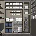 Wooden Storage Cabinet Rack With White Boxes Blue Bins Folded Towels And Golf Gear
