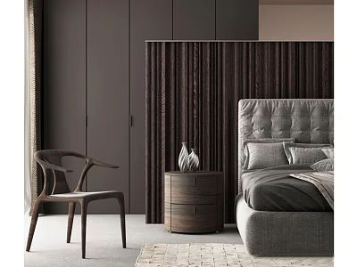 Double Bed Background With Gray Headboard Wooden Nightstand Vase Decor Brown Curtains And Accent Chair 3d model