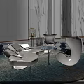 Modern Elegant Sofa and Coffee Table Set with White Upholstery Blue Rug and Marble Wall