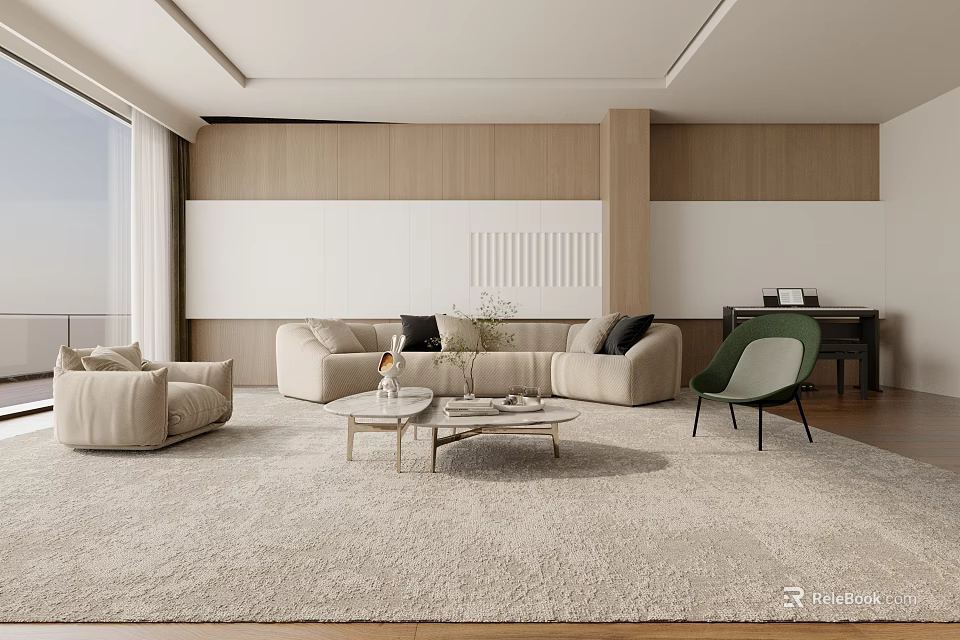 Modern Living Room Interior Design With Beige Sofa Armchair Green Chair And Wooden Wall Panels 3d model 