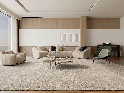 Modern Living Room Interior Design With Beige Sofa Armchair Green Chair And Wooden Wall Panels 3d model