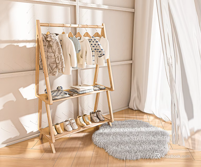 Wooden Clothes Rack Displaying Clothes And Shoes In Home Interior 3d model 