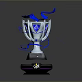 Decorative Silver Trophy Inspired Furniture With Blue Accents And Black Base