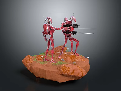 Red Robotic Characters Standing On Rocky Surface With Green Grass And Small Plants 3d model