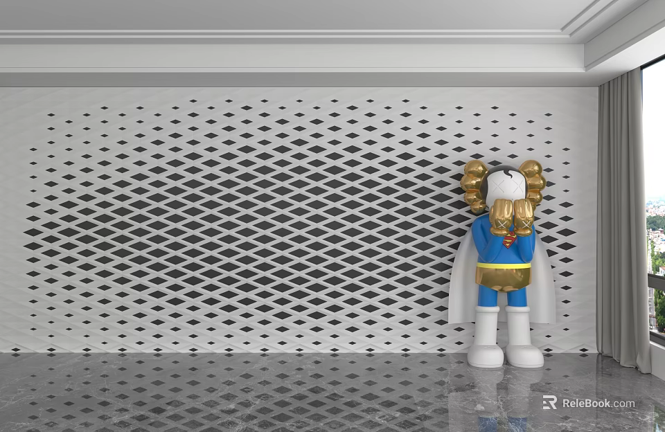 Perforated Diamond Pattern Background Wall With Decorative Figurine In Blue Pants And Yellow Top 3d model 