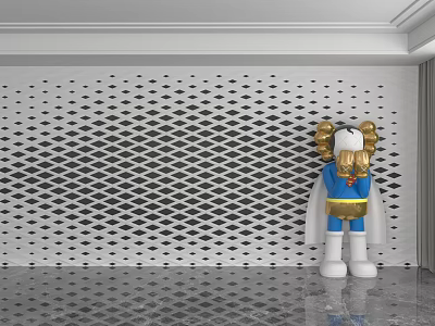 Perforated Diamond Pattern Background Wall With Decorative Figurine In Blue Pants And Yellow Top 3d model