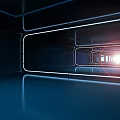 Cartoon Scene of Futuristic Tunnel with Glowing White Borders Nested Frames and Bright Reflective Floor