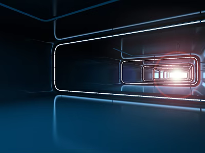 Cartoon Scene of Futuristic Tunnel with Glowing White Borders Nested Frames and Bright Reflective Floor 3d model