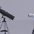 Industrial Equipment Display with Telescopes on Tripods Over Ice Like Platform on Black Ground