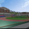 Green Turf Football Field With Running Track And School Buildings In Sunny Day