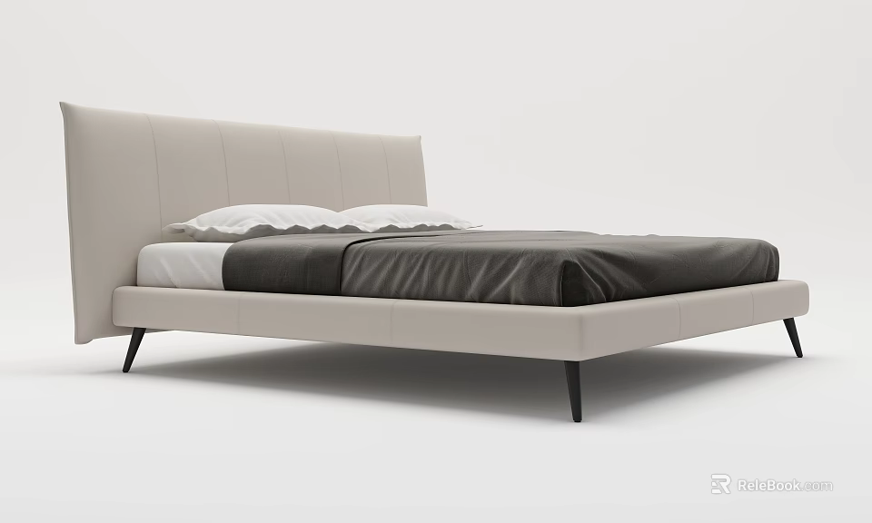 Modern Minimalist Double Bed With Light Colored Leather Headboard And Black White Bedding 3d model 