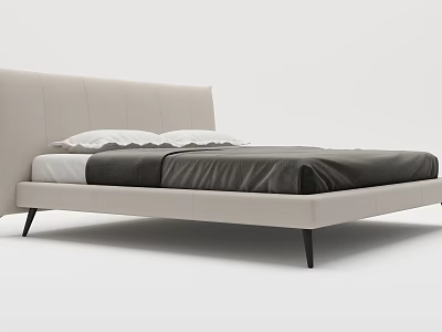 Modern Minimalist Double Bed With Light Colored Leather Headboard And Black White Bedding 3d model
