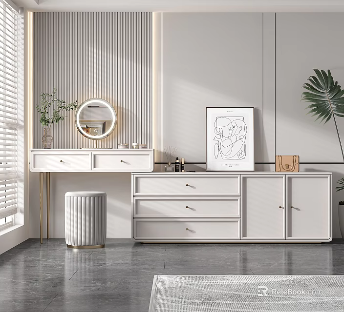 Modern White Dressing Table With Round Mirror Drawers Stool And Artwork Decor 3d model 