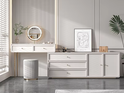 Modern White Dressing Table With Round Mirror Drawers Stool And Artwork Decor 3d model