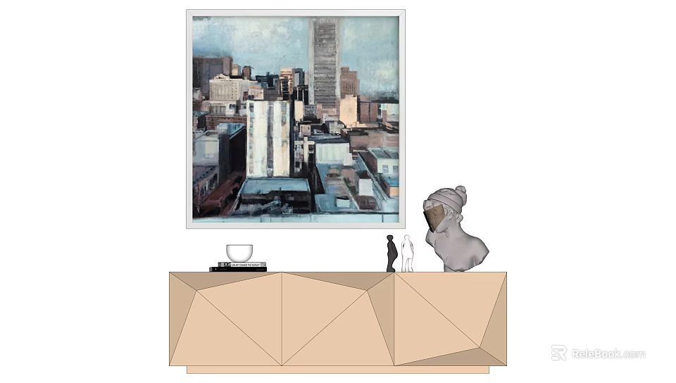 Geometric Design TV Stand with Cityscape Painting Cup Book and Sculpture 3d model 