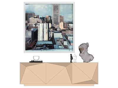 Geometric Design TV Stand with Cityscape Painting Cup Book and Sculpture 3d model
