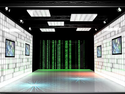 Cartoon Tech Scene With Green Code Flowing White Block Walls Screens And Colorful Floor Glow 3d model