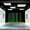 Cartoon Tech Scene With Green Code Flowing White Block Walls Screens And Colorful Floor Glow
