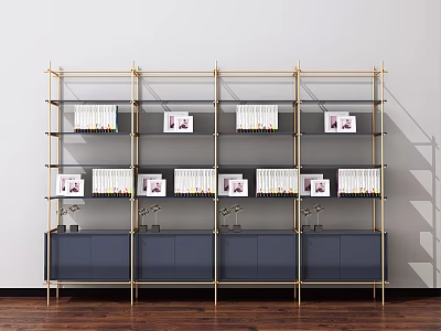 Modern Bookcase With Metal Frame Navy Blue Cabinets And Books On Shelves 3d model
