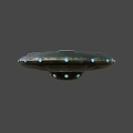 Disc Shaped Metallic UFO With Green Top Lights And Blue Base Lights