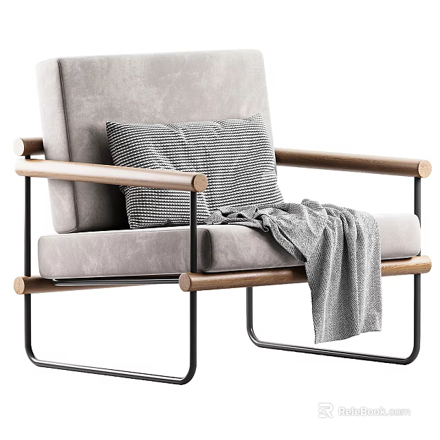 Modern Minimalist Light Gray Armchair With Wooden Armrests Striped Pillow And Gray Blanket 3d model 
