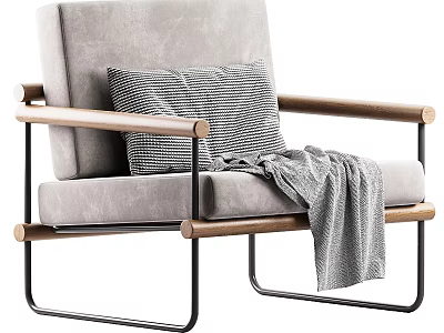 Modern Minimalist Light Gray Armchair With Wooden Armrests Striped Pillow And Gray Blanket 3d model