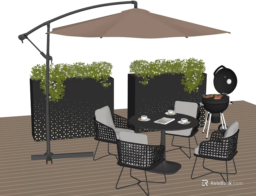 Outdoor Landscape Seating With Cantilever Umbrella Lush Greenery And Grill On Wooden Deck 3d model 