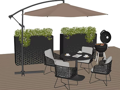 Outdoor Landscape Seating With Cantilever Umbrella Lush Greenery And Grill On Wooden Deck 3d model