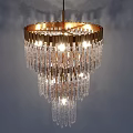 Elegant Multi Tiered Crystal Chandelier With Golden Frame And Hanging Clear Crystals