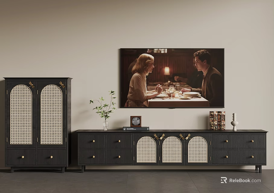 Elegant Living Room With Black TV Stand Decorations Green Plant And Cabinet 3d model 