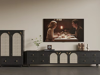 Elegant Living Room With Black TV Stand Decorations Green Plant And Cabinet 3d model