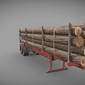Red Trailer Loaded With Stacked Large Natural Wooden Logs For Transport