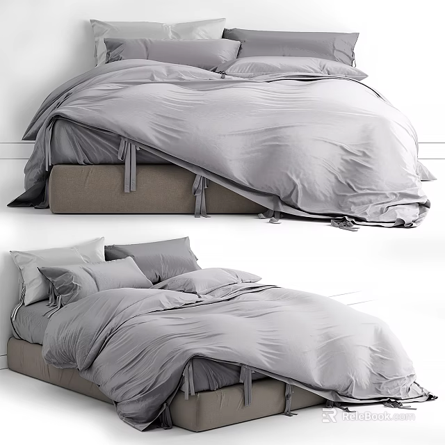 Minimalist Modern Double Bed With Soft Gray Bedding And Plush Pillows Design 3d model 