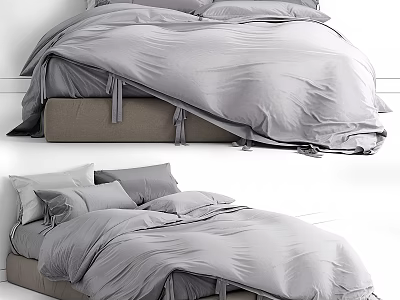 Minimalist Modern Double Bed With Soft Gray Bedding And Plush Pillows Design 3d model