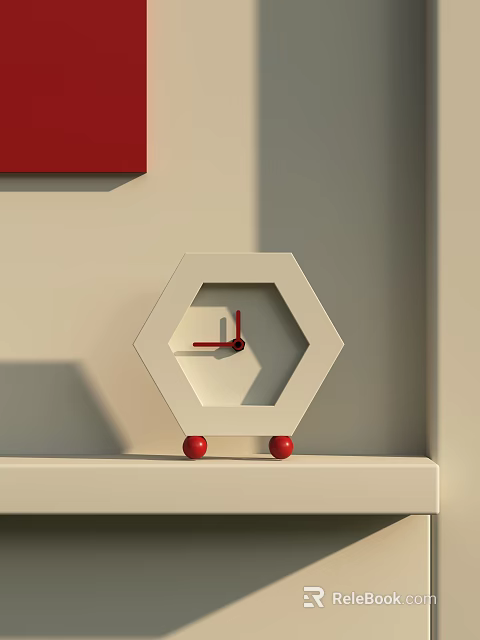 Modern Hexagonal Clock With White Frame Red Hands Red Spherical Base On Light Colored Surface 3d model 