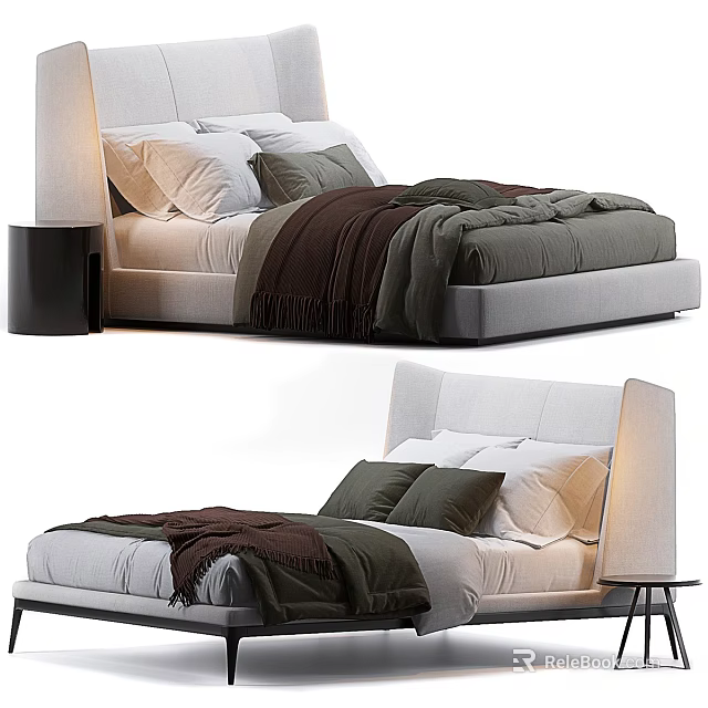 Modern Double Bed With Upholstered Headboard Pillows Throw Blanket And Nightstand 3d model
