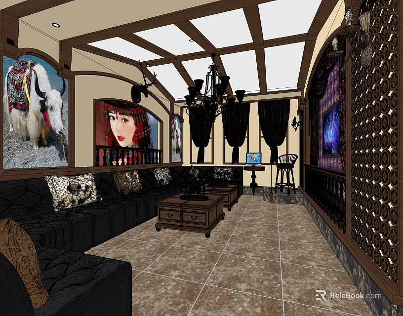 Luxurious KTV Interior With Comfortable Sofas Chandelier Decorative Paintings And Wine Rack 3d model 
