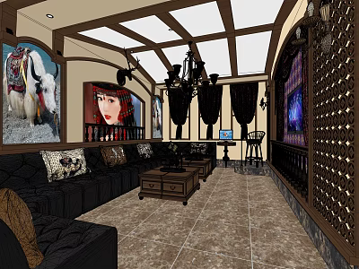 Luxurious KTV Interior With Comfortable Sofas Chandelier Decorative Paintings And Wine Rack 3d model