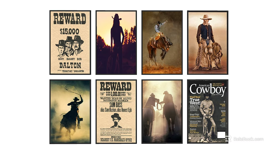Western Cowboy Themed Wall Art Posters With Reward Prints And Horse Riding Silhouettes 3d model 