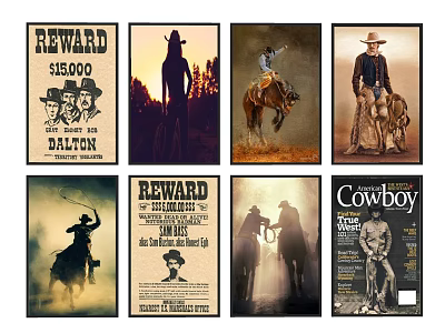 Western Cowboy Themed Wall Art Posters With Reward Prints And Horse Riding Silhouettes 3d model