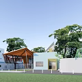 Modern Kindergarten Building With Wooden Sloped Roof Green Trees And Lawn At Entrance