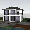 Modern Two-Story Detached Villa With Balcony Large Windows White Walls Black Roof And Greenery