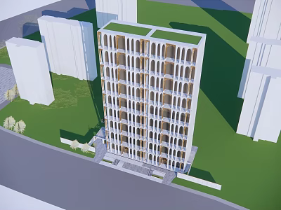 Modern High Rise Hotel Building With Green Roof Large Windows And Surrounding Lawn 3d model