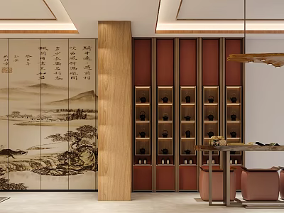 Chinese Style Interior With Landscape Screen Wooden Storage And Seats 3d model