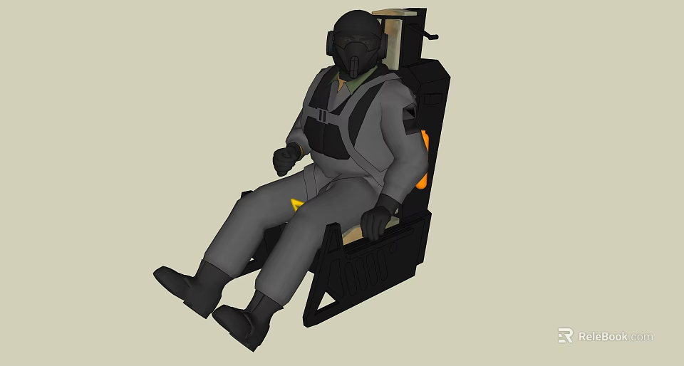 Man In Gray Uniform Sitting On Black Equipment Seat With Helmet And Mask 3d model 